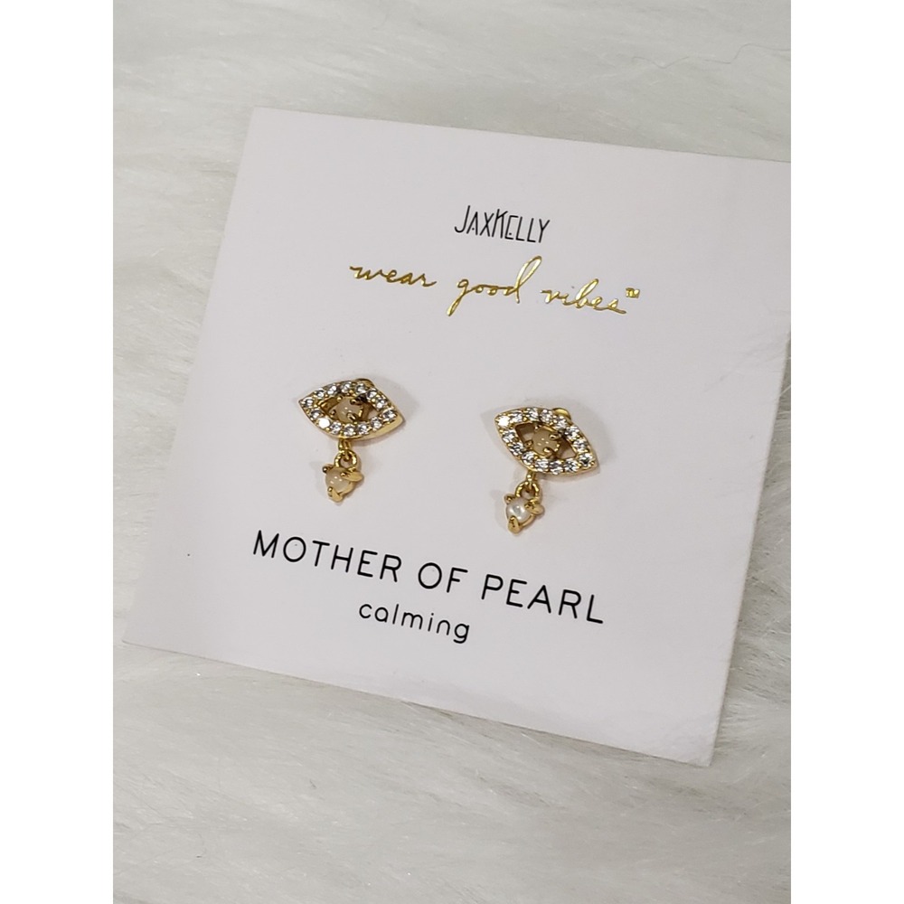 NEW JaxKelly Mother of Pearl Stud Earrings EVIL EYE dainty gold tone